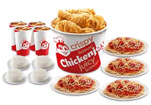 CHICKENJOY BUCKET WITH RICE, JOLLY SPAGHETTI,.